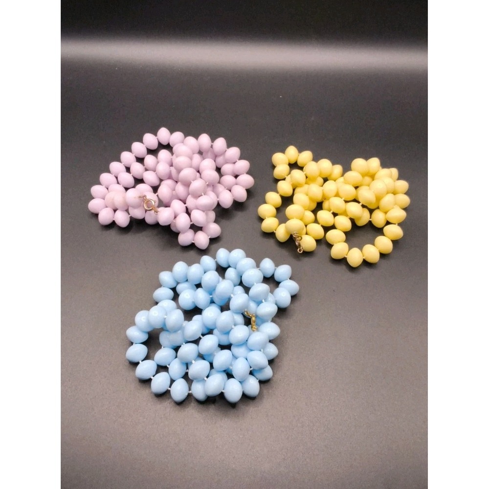 "Vintage Pastel Rice Shape Oval BeadsNecklace Lot 1960s 80s Blue Pink Yellow 3pc